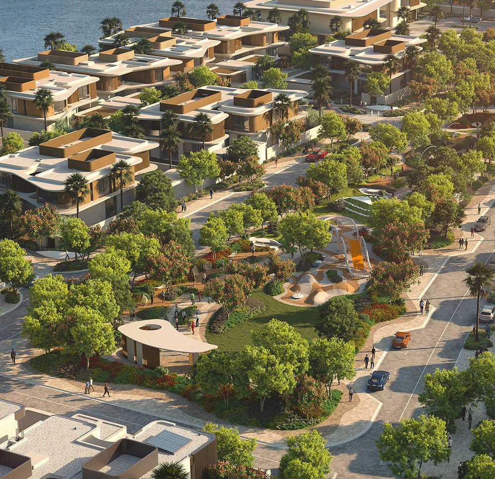 Aerial view of Yas Riva Reserve villa community and landscaped park on Yas Island